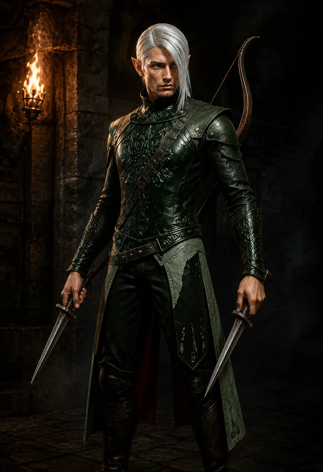 The Elf in green leather holding two daggers
