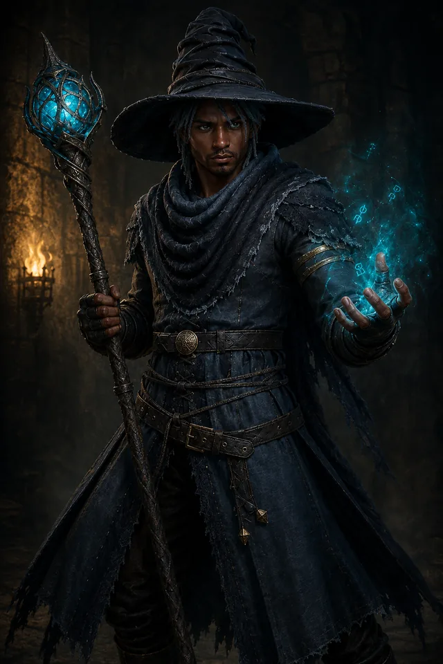The Wizard under a wide hat, a blue crystal glowing on his staff