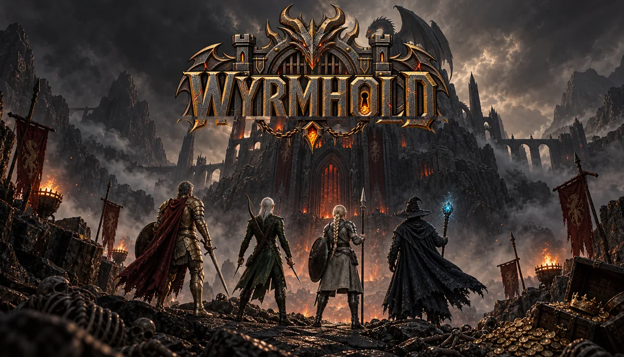Four heroes stand on the road below the black fortress of Wyrmhold, a dragon coiled on its highest tower.